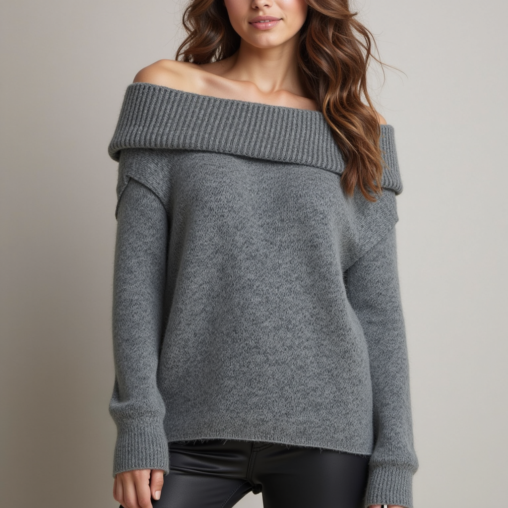 NINA | Grå Off-Shoulder Strikkegenser