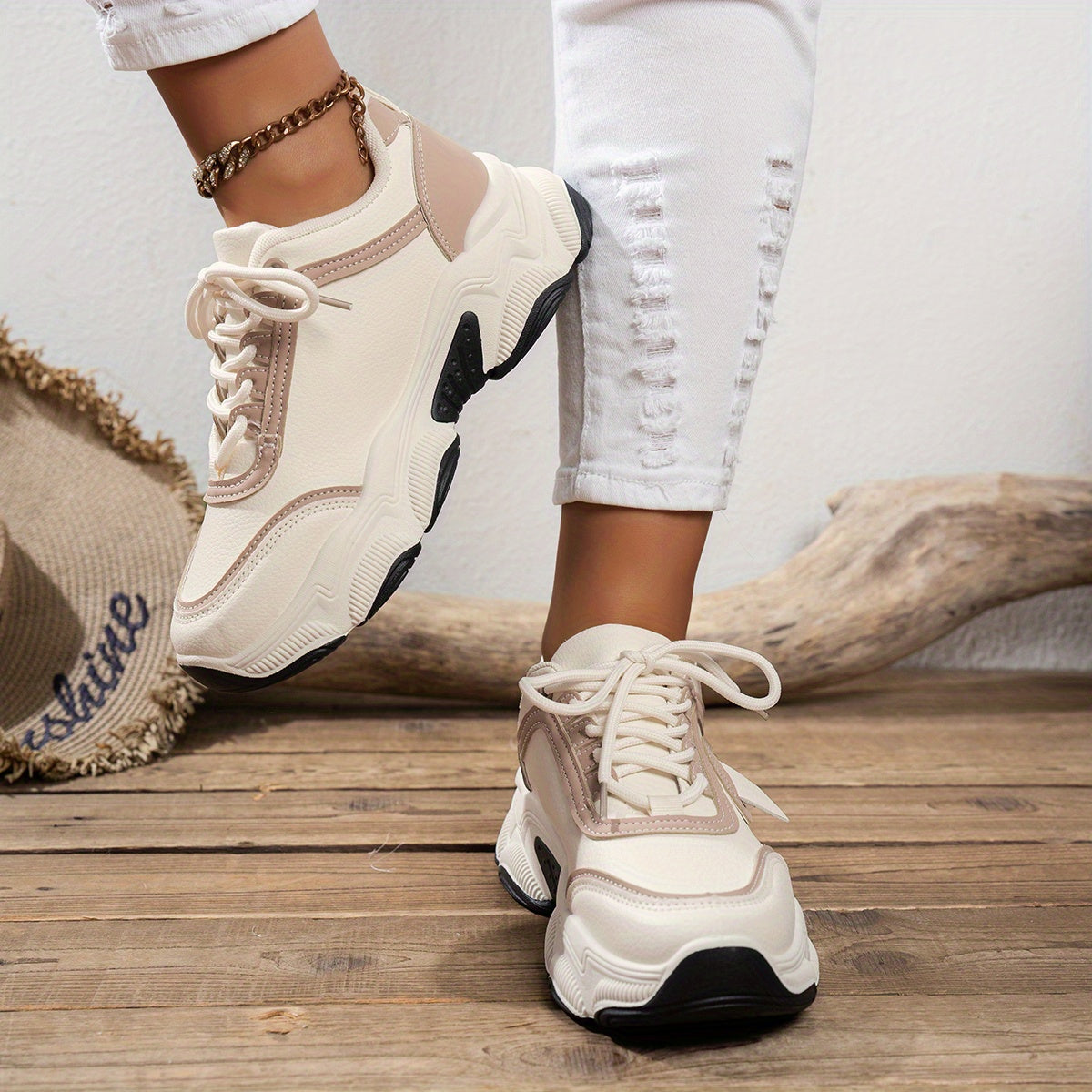 Vrouwen Trendy Dikke Vader Schoenen - Beige & Wit Tweekleurig Ontwerp, Waterdicht Mesh Bovenwerk, Rubberen Zool, Vetersluiting Casual Sneakers voor Alle Seizoenen