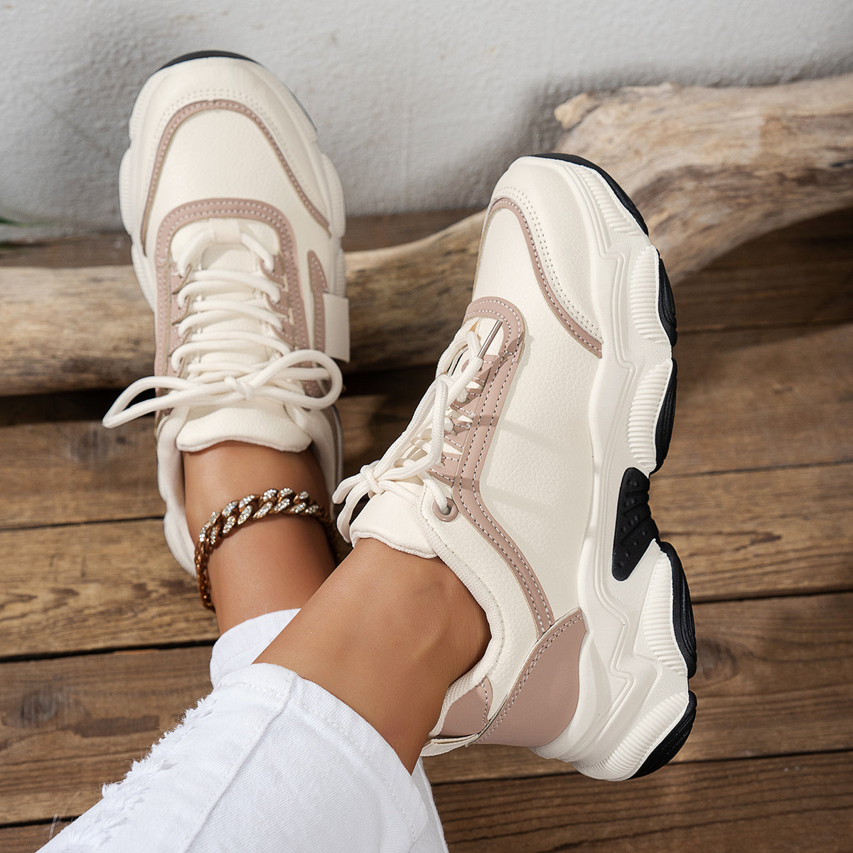 Vrouwen Trendy Dikke Vader Schoenen - Beige & Wit Tweekleurig Ontwerp, Waterdicht Mesh Bovenwerk, Rubberen Zool, Vetersluiting Casual Sneakers voor Alle Seizoenen