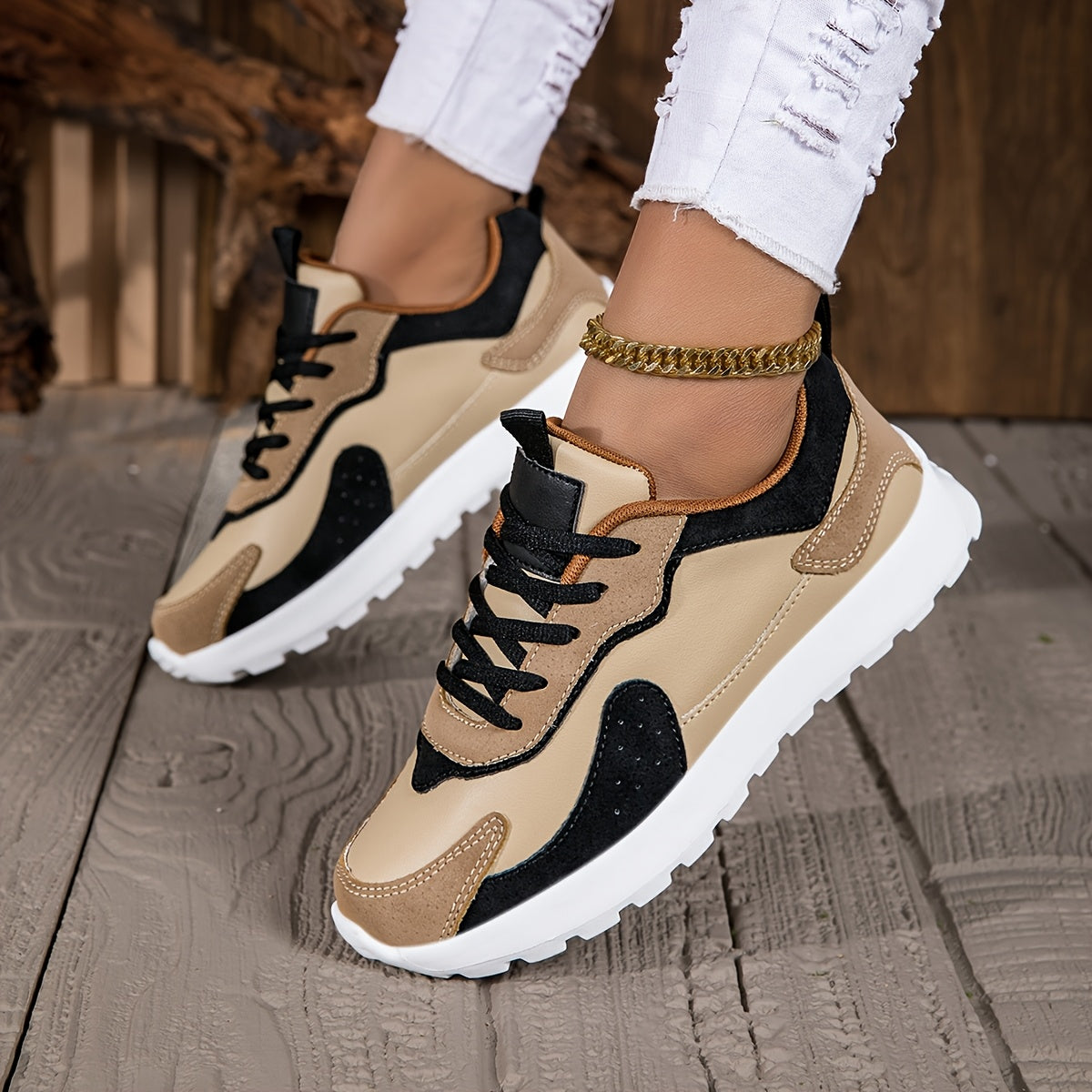 Dames Lichtgewicht Casual Sneakers - Kleurblok Ontwerp, Comfortabele Rubberen Zool Hardloopschoenen voor Alle Seizoenen met Vetersluiting, Ronde Neus Lage Top Stoffen Binnenkant & EVA Zool, Allseason Schoenen | Moderne Casual Schoenen | Rubberen Zool Scho