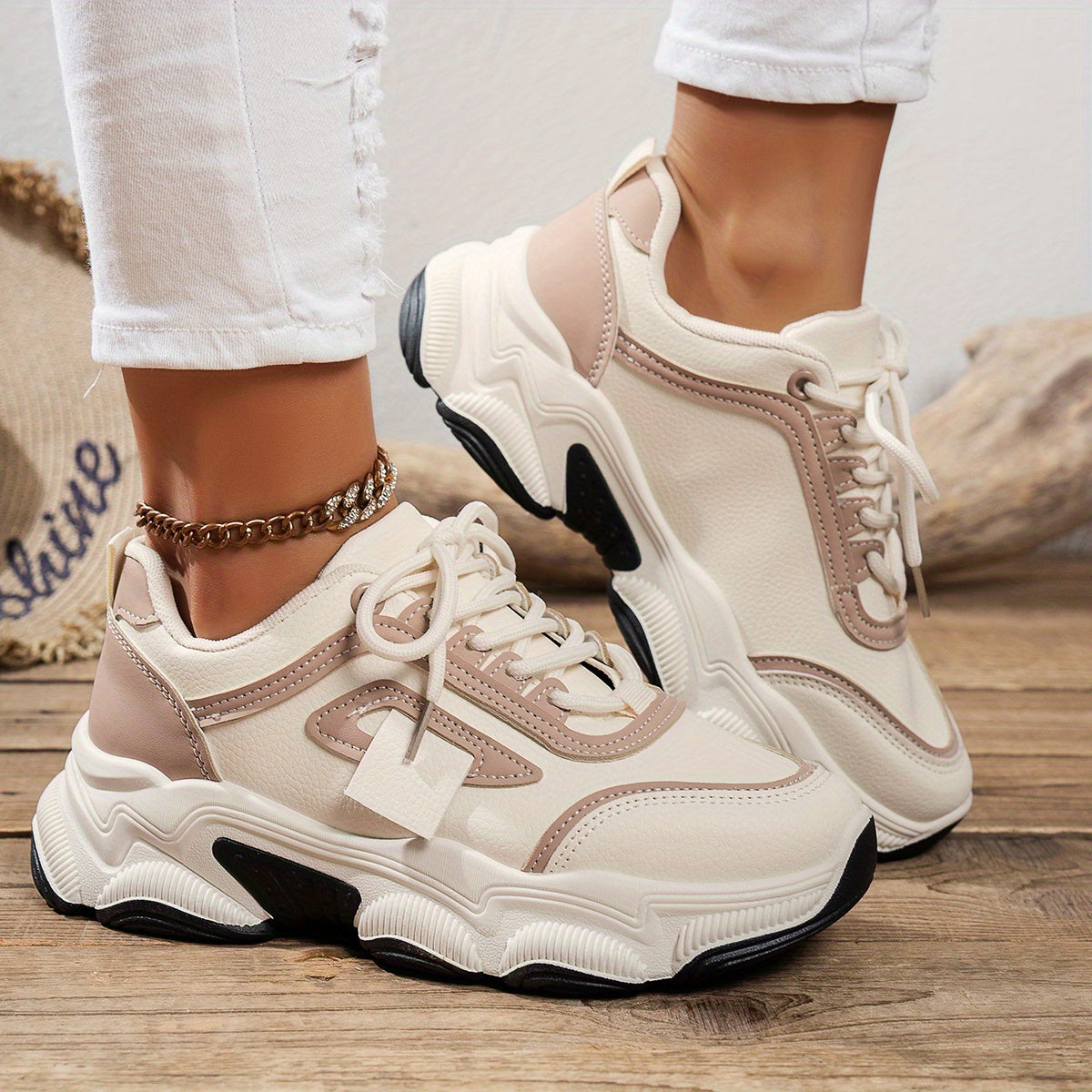 Vrouwen Trendy Dikke Vader Schoenen - Beige & Wit Tweekleurig Ontwerp, Waterdicht Mesh Bovenwerk, Rubberen Zool, Vetersluiting Casual Sneakers voor Alle Seizoenen