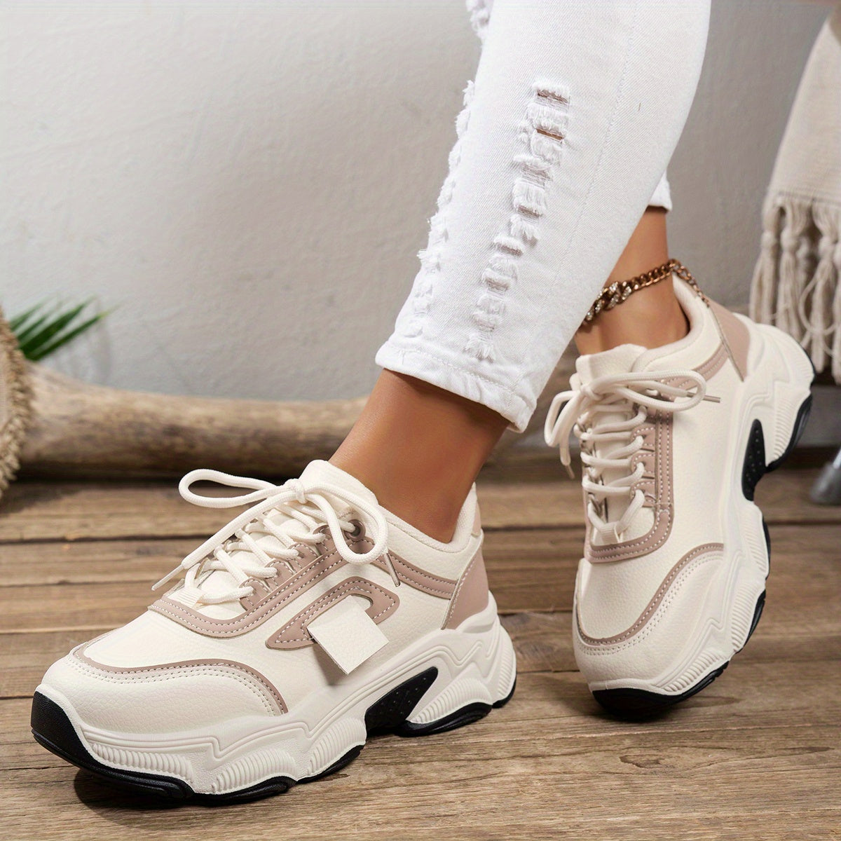 Vrouwen Trendy Dikke Vader Schoenen - Beige & Wit Tweekleurig Ontwerp, Waterdicht Mesh Bovenwerk, Rubberen Zool, Vetersluiting Casual Sneakers voor Alle Seizoenen