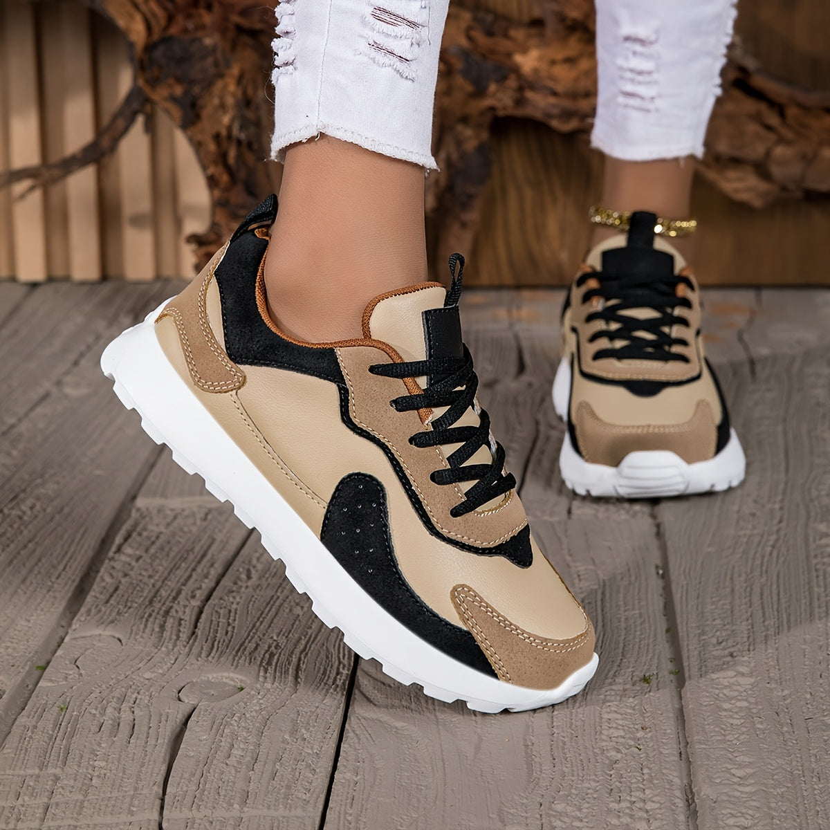 Dames Lichtgewicht Casual Sneakers - Kleurblok Ontwerp, Comfortabele Rubberen Zool Hardloopschoenen voor Alle Seizoenen met Vetersluiting, Ronde Neus Lage Top Stoffen Binnenkant & EVA Zool, Allseason Schoenen | Moderne Casual Schoenen | Rubberen Zool Scho