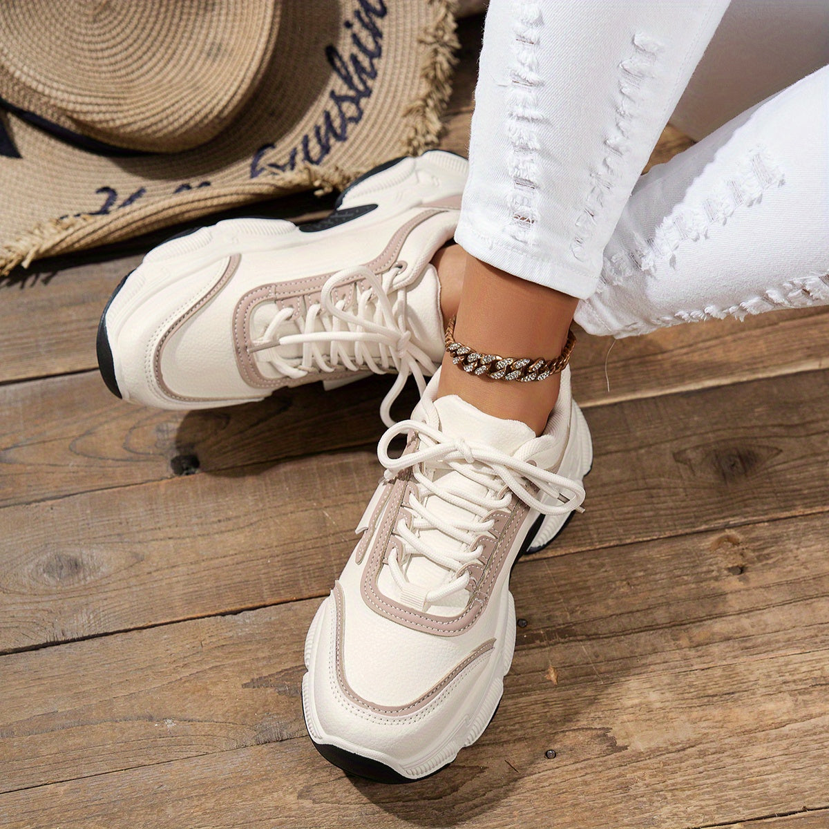 Vrouwen Trendy Dikke Vader Schoenen - Beige & Wit Tweekleurig Ontwerp, Waterdicht Mesh Bovenwerk, Rubberen Zool, Vetersluiting Casual Sneakers voor Alle Seizoenen