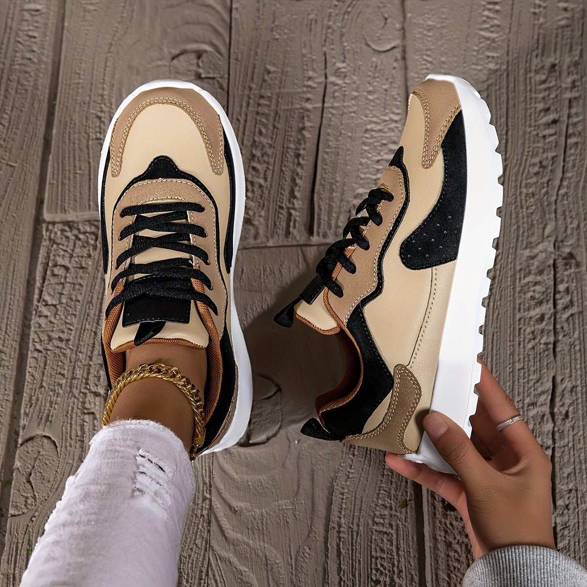 Dames Lichtgewicht Casual Sneakers - Kleurblok Ontwerp, Comfortabele Rubberen Zool Hardloopschoenen voor Alle Seizoenen met Vetersluiting, Ronde Neus Lage Top Stoffen Binnenkant & EVA Zool, Allseason Schoenen | Moderne Casual Schoenen | Rubberen Zool Scho