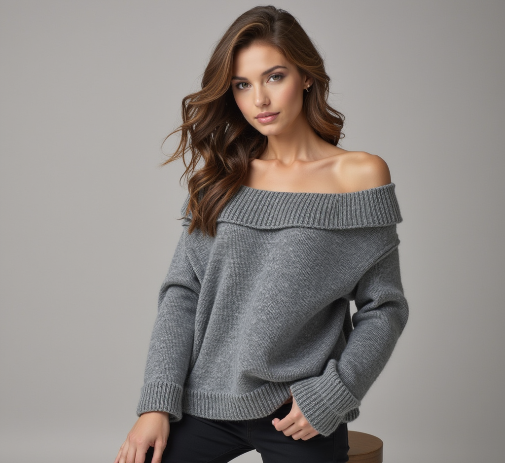 NINA | Grå Off-Shoulder Strikkegenser